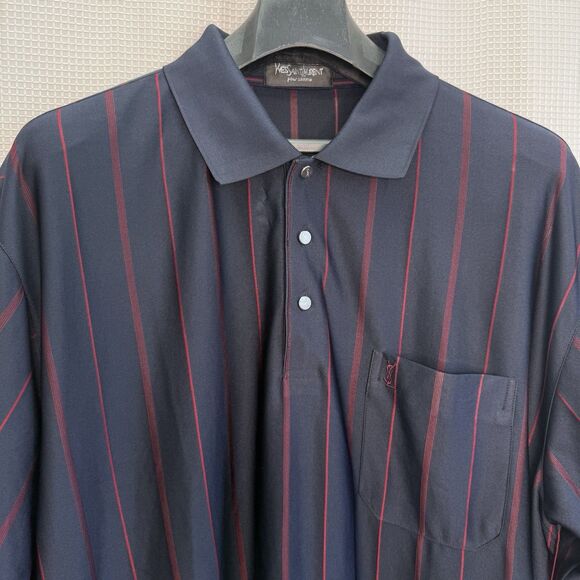 Vtg Yves Saint Laurent YSL 100% Silk Navy Red Stripe Polo Shirt Mens Approx. XXL - Picture 3 of 16